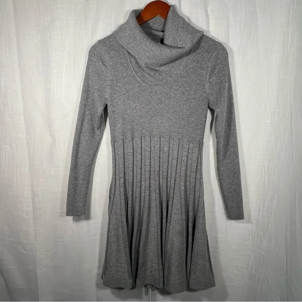 Calvin Klein Grey Cowl Neck Flare Shimmering Metallic Silver Sweater Dress Sz L